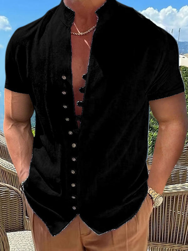 New Vintage Button Stand Collar Short Sleeve Shirt - Black / S