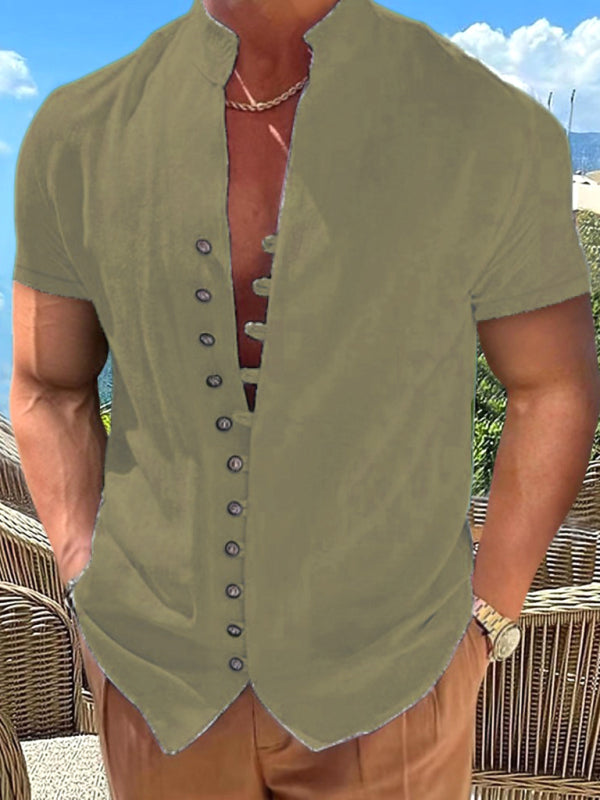 New Vintage Button Stand Collar Short Sleeve Shirt - Olive green / S