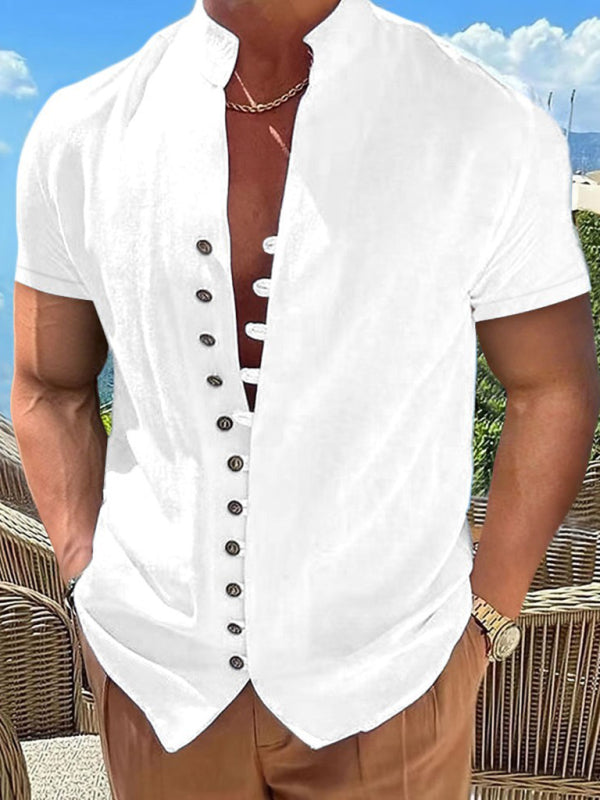 New Vintage Button Stand Collar Short Sleeve Shirt - White / S