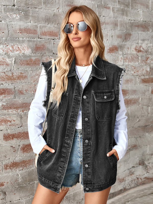 New Washed Denim Loose Vest Waistcoat Cardigan Top - Black / S