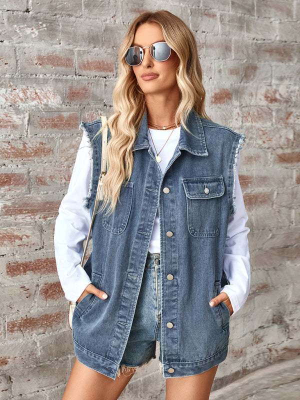 New Washed Denim Loose Vest Waistcoat Cardigan Top - Blue / S