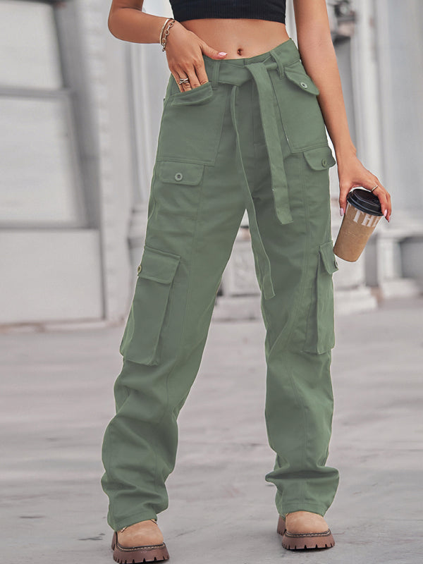 New washed denim multi-pocket heavy industry casual overalls trousers - Olive green / S