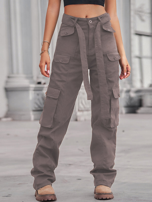 New washed denim multi-pocket heavy industry casual overalls trousers - Brown / S