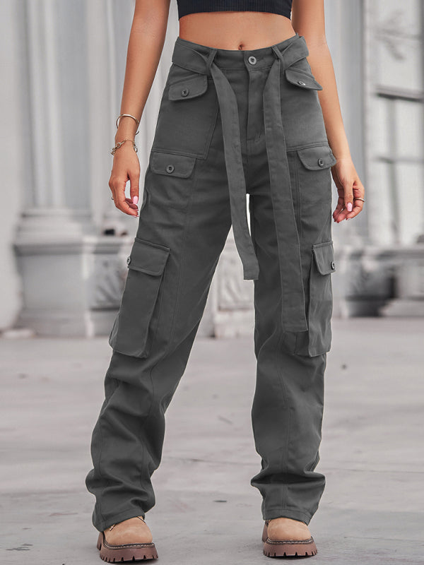 New washed denim multi-pocket heavy industry casual overalls trousers - Grey / S