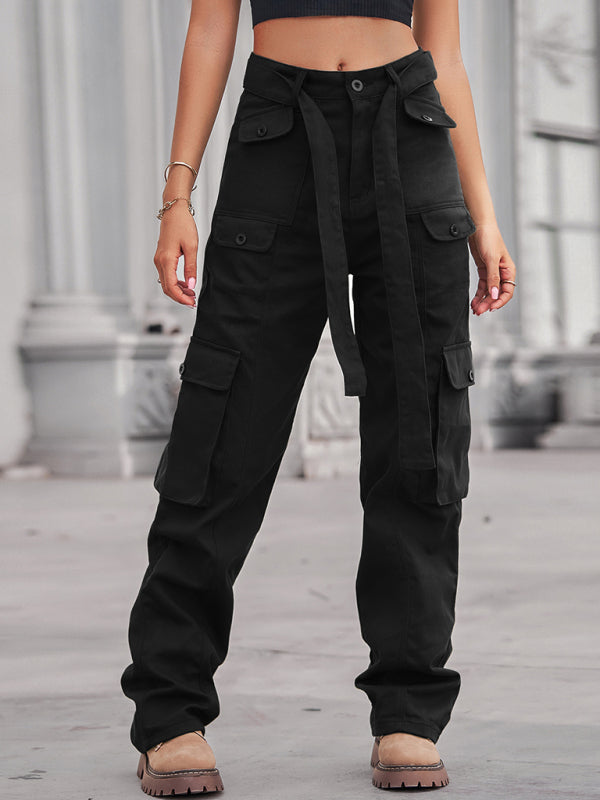 New washed denim multi-pocket heavy industry casual overalls trousers - Black / S