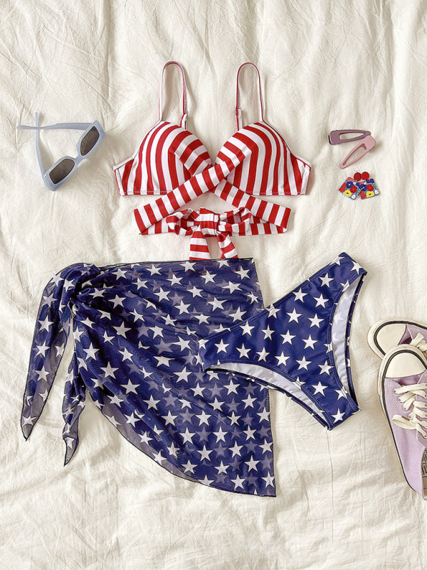 New women’s bikini flag print stars and stripes three-piece swimsuit