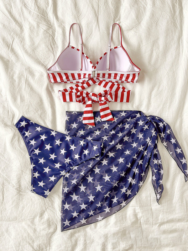 New women’s bikini flag print stars and stripes three-piece swimsuit