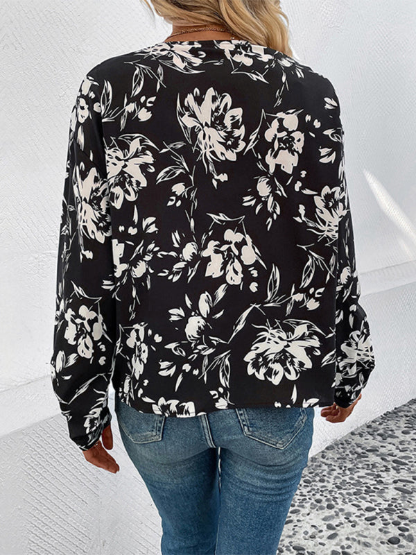 New women's black and white flower printed lapel long-sleeved shirt - Closther