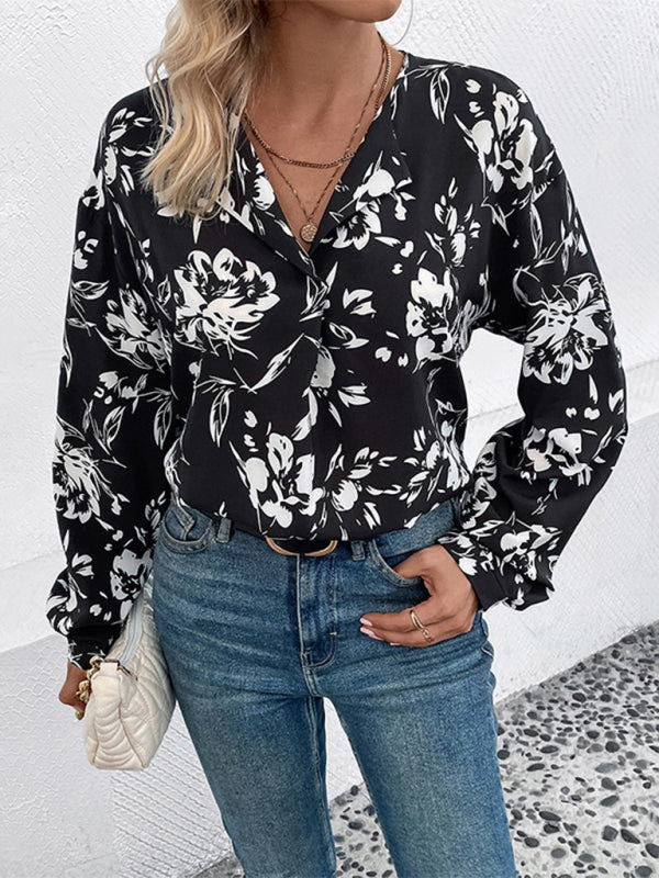 New women's black and white flower printed lapel long-sleeved shirt - Closther