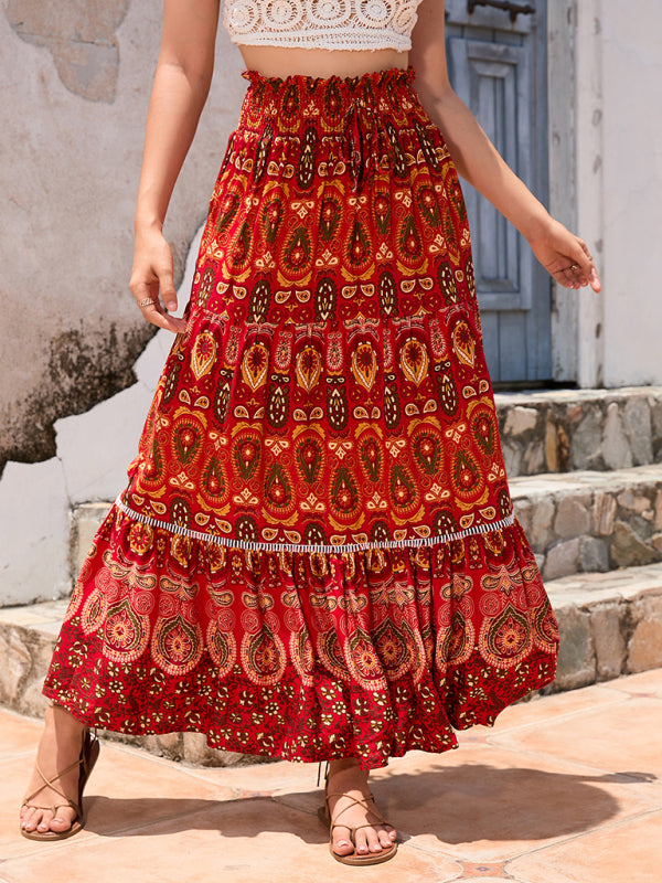 New Women’s Bohemian Hollow Printed Patchwork Skirt - Red / S