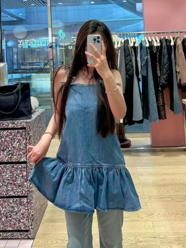 New women’s bow strap denim short dress - Blue / S