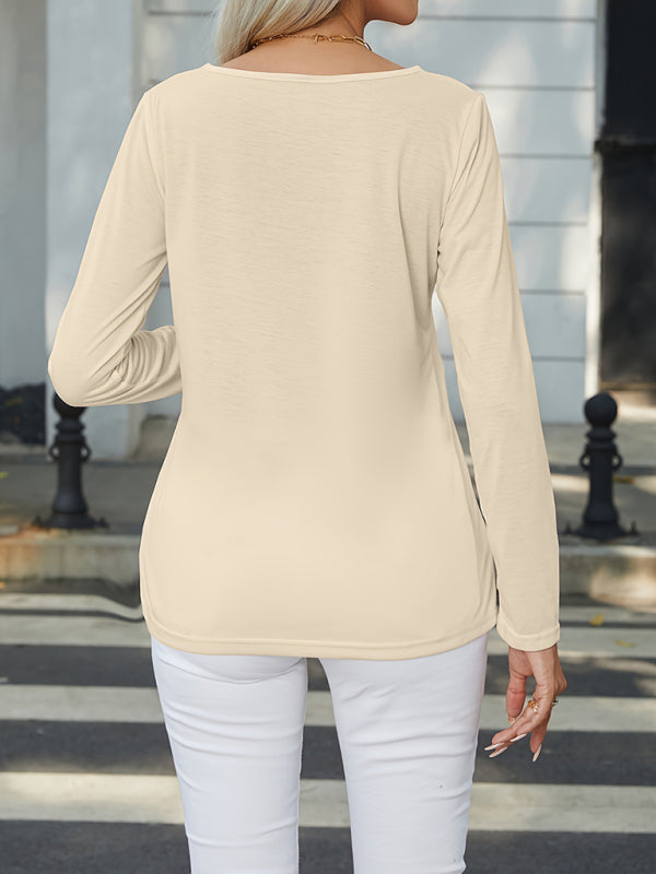 New Women’s Button Decorated Round Neck Casual Long Sleeve T-Shirt