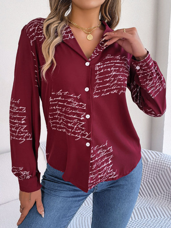 New women’s casual all-match letter suit collar long-sleeved shirt - Wine Red / S