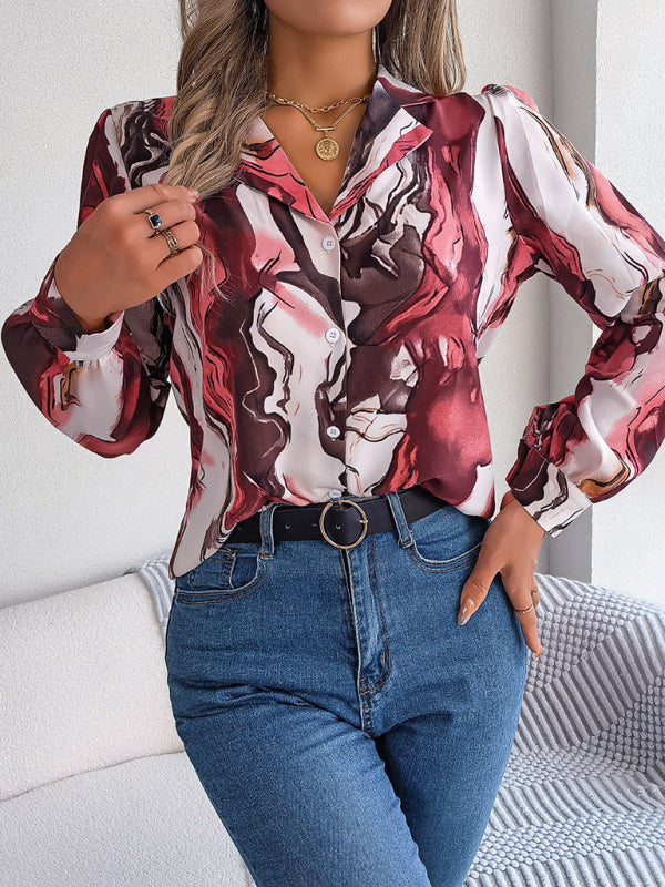 New women’s casual color contrast striped suit collar long-sleeved shirt
