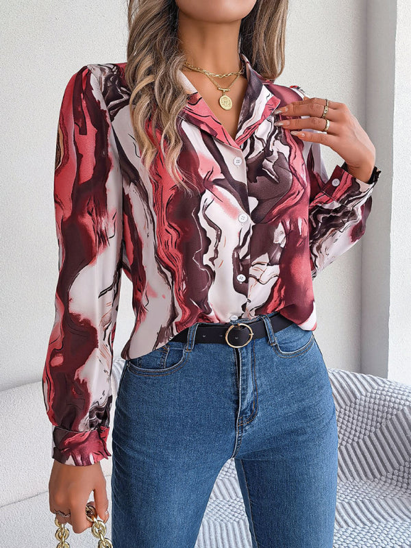 New women’s casual color contrast striped suit collar long-sleeved shirt