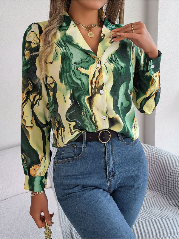 New women’s casual color contrast striped suit collar long-sleeved shirt - Green / S