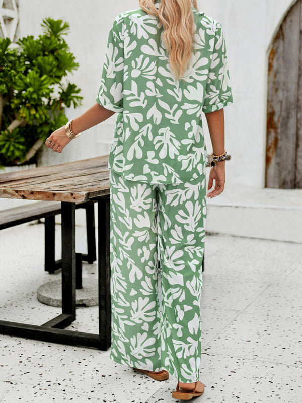 Green and white floral print trousers vacation suit with printed lapel for casual fashion