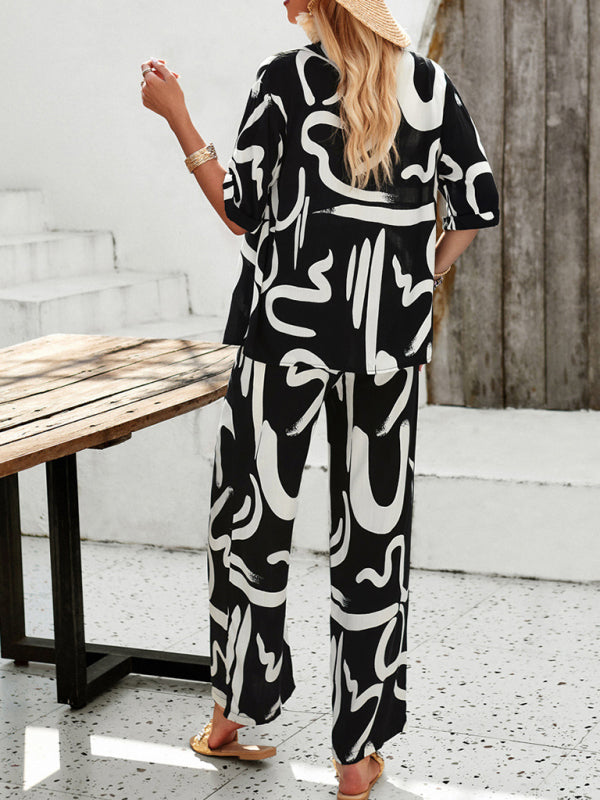 Black and white patterned trousers vacation suit with printed lapel for casual fashion