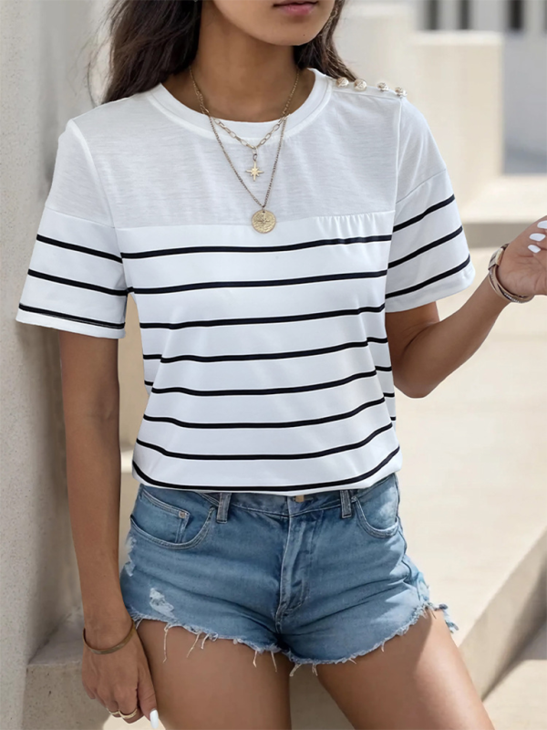 New women’s casual short sleeve striped t-shirt - White / S
