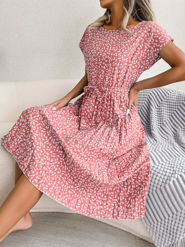 New women’s casual short-sleeved floral large hem pleated dress