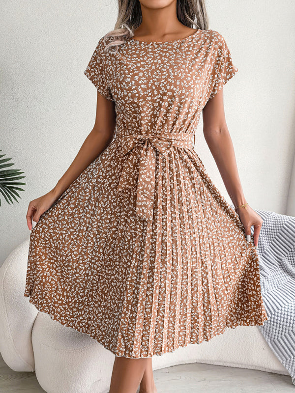New women’s casual short-sleeved floral large hem pleated dress - Coffee / S