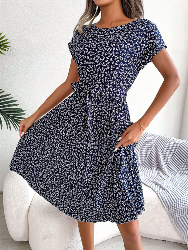 New women’s casual short-sleeved floral large hem pleated dress