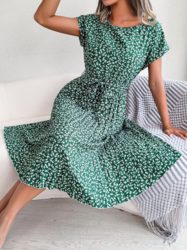 New women’s casual short-sleeved floral large hem pleated dress