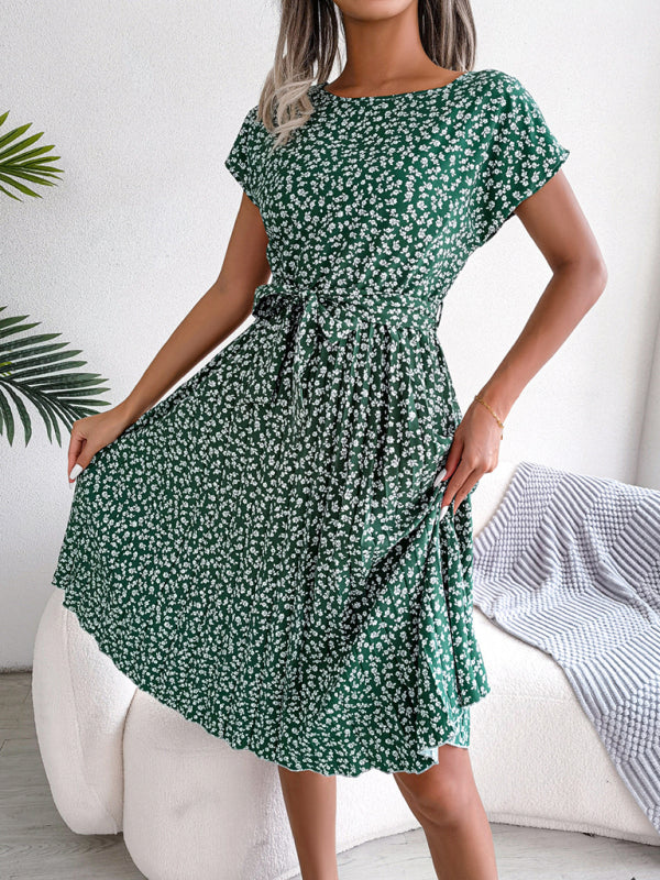 New women’s casual short-sleeved floral large hem pleated dress