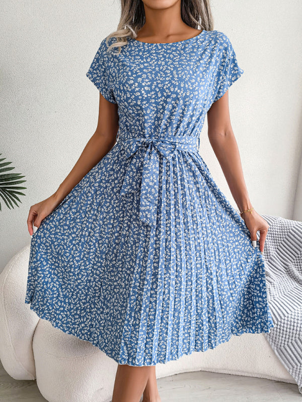 New women’s casual short-sleeved floral large hem pleated dress - Clear blue / S