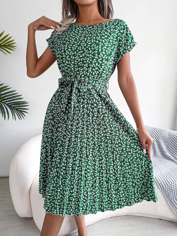 New women’s casual short-sleeved floral large hem pleated dress - Green / S