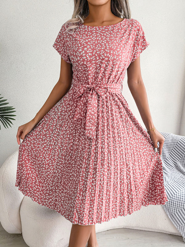 New women’s casual short-sleeved floral large hem pleated dress - Pink / S