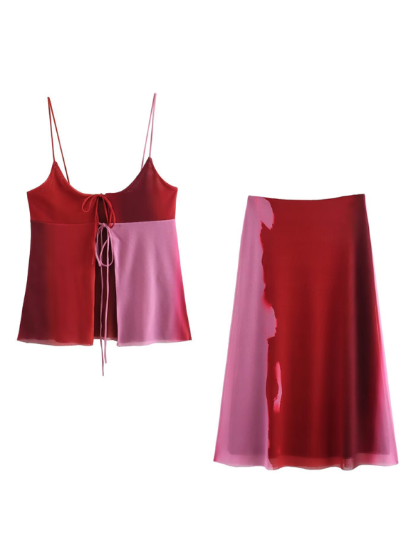 Red and pink two-piece casual outfit from New Women’s Silk Screen Print Y2K Hot Girl Skirt collection