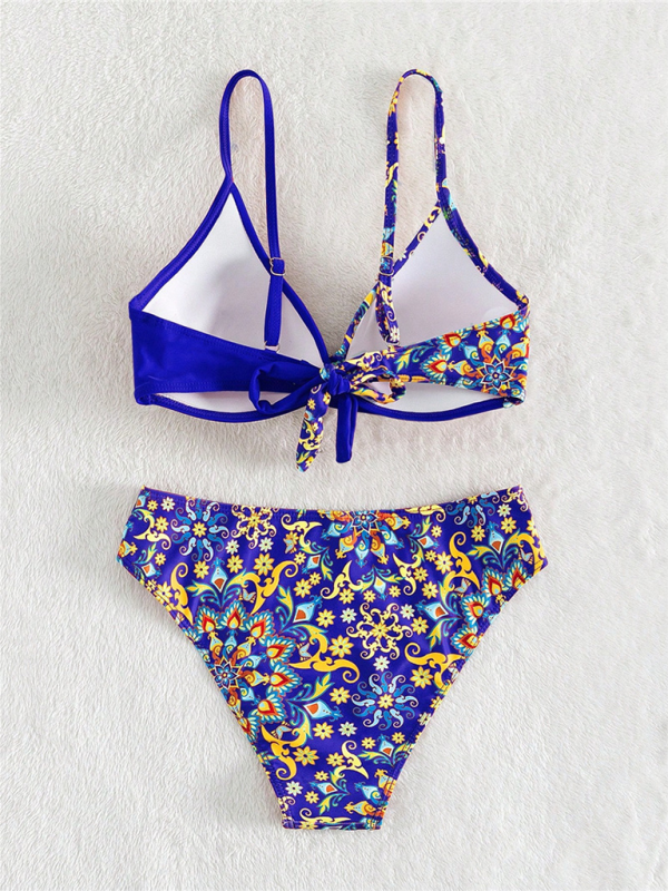 New women’s color matching print boxer cross split swimsuit
