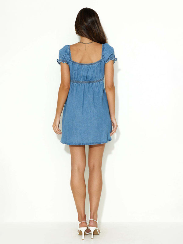 New Women’s Denim Dress with Hollow Ties and Puff Sleeves