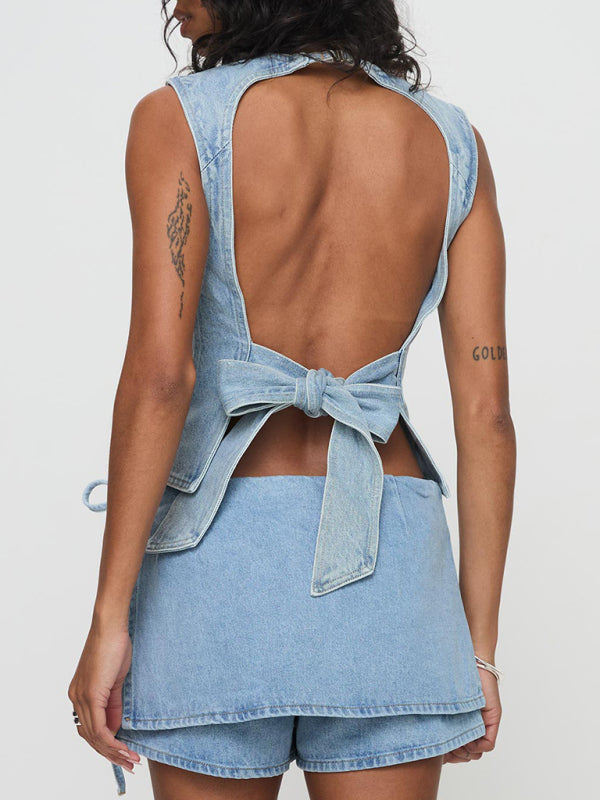 New Women’s Denim Pocket Culottes Lace-Up Low-Rise Denim Shorts