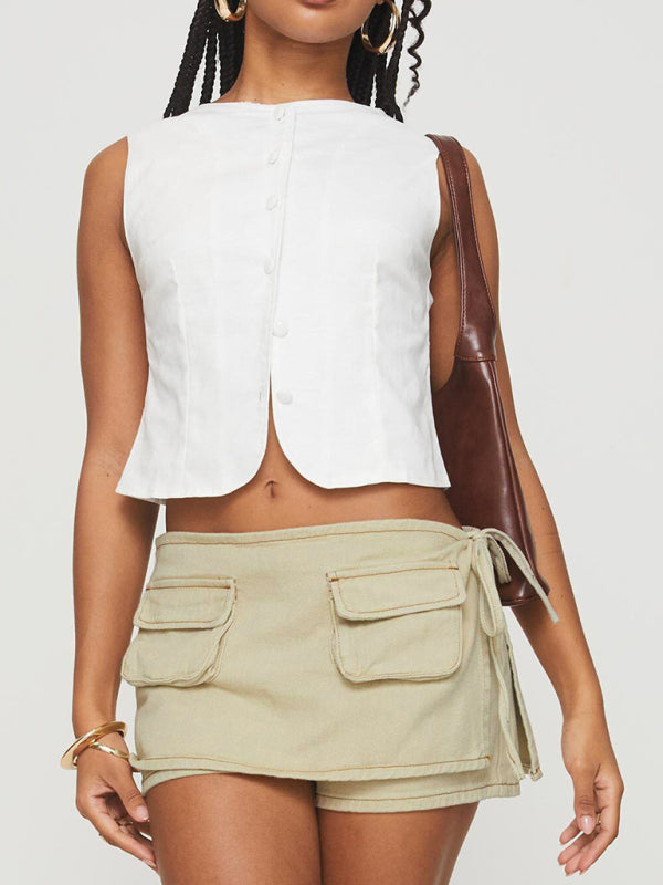 New Women’s Denim Pocket Culottes Lace-Up Low-Rise Denim Shorts - Cracker khaki / S