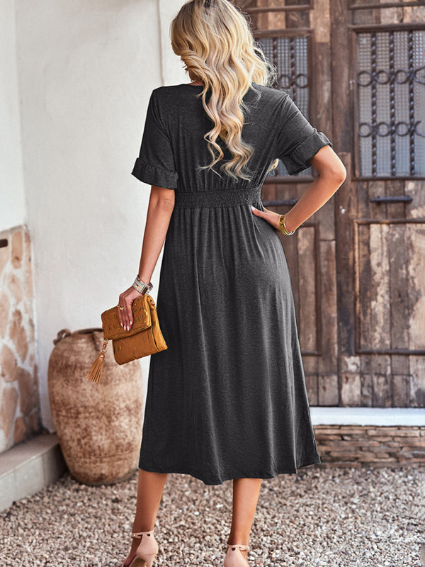 New women’s elegant commuter V-neck short-sleeved ruffle skirt