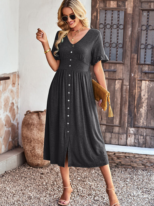 New women’s elegant commuter V-neck short-sleeved ruffle skirt