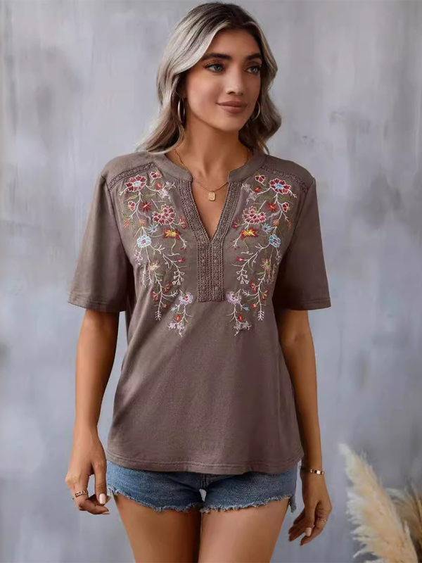 New women’s fashion embroidery stitching lace top