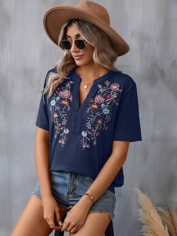 New women’s fashion embroidery stitching lace top