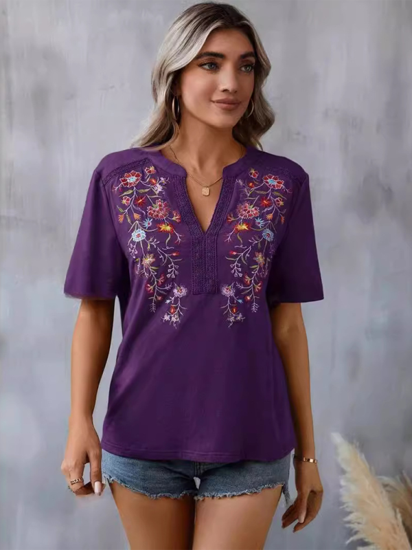 New women’s fashion embroidery stitching lace top