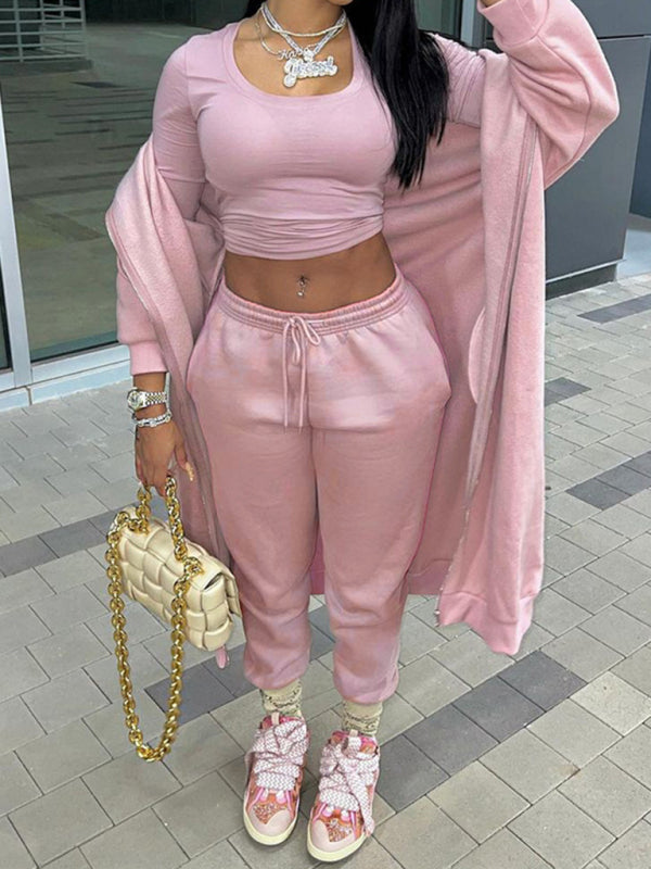 New women’s new fashion long-sleeved hooded casual sports suit two-piece set - Pink / S