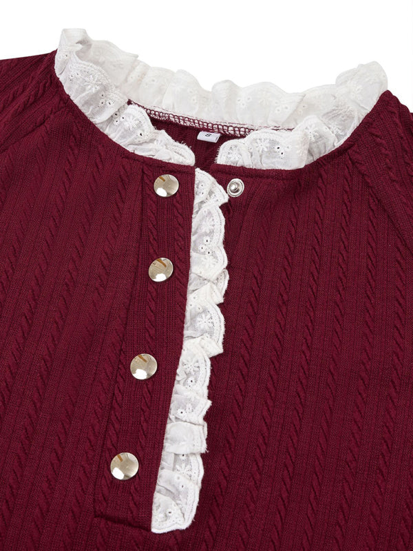 New women’s fashion solid color stand collar lace long sleeve top