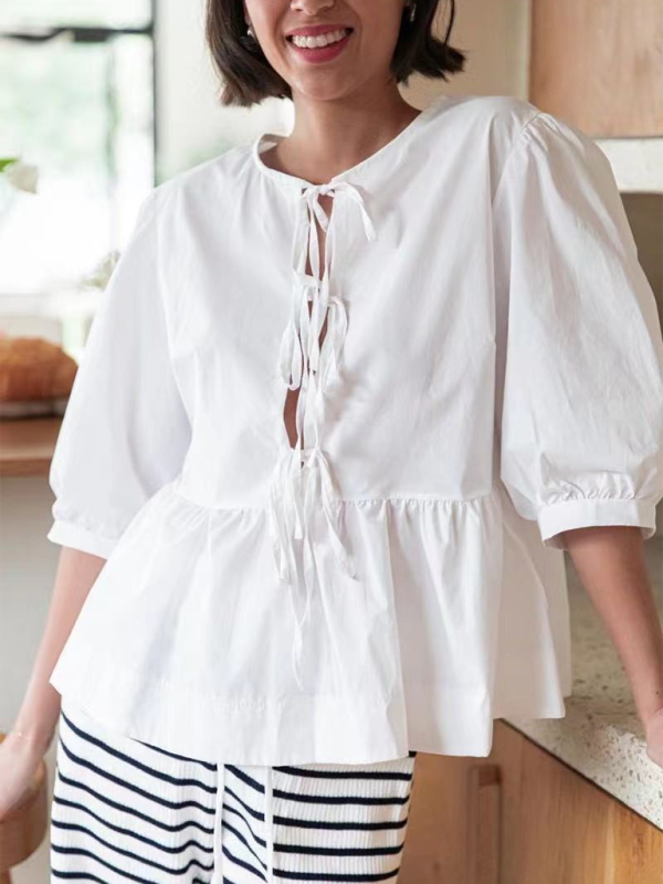 New women’s fashion striped lace-up shirt tops