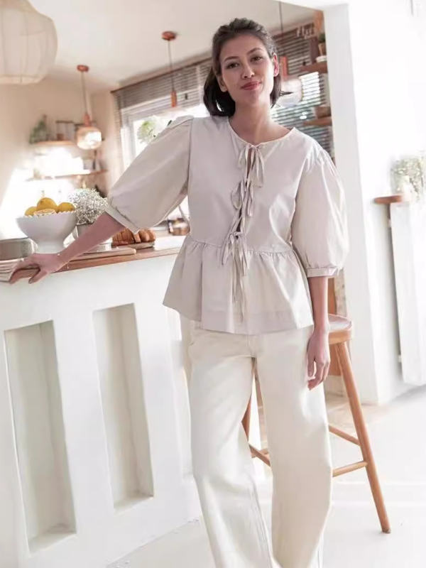 New women’s fashion striped lace-up shirt tops