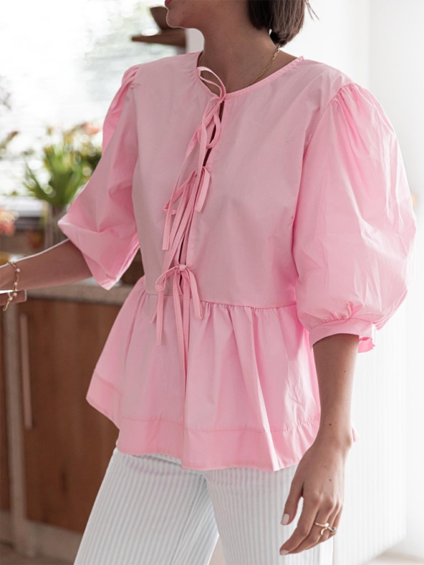 New women’s fashion striped lace-up shirt tops