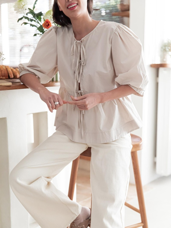 New women’s fashion striped lace-up shirt tops - Khaki / S