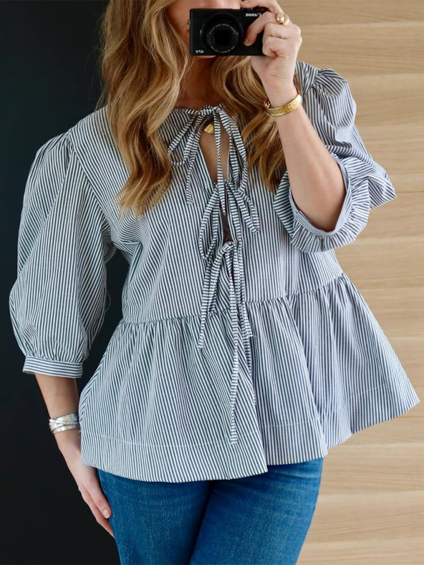 New women’s fashion striped lace-up shirt tops - Suit 8 / S