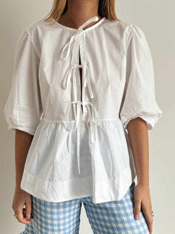New women’s fashion striped lace-up shirt tops - White / S