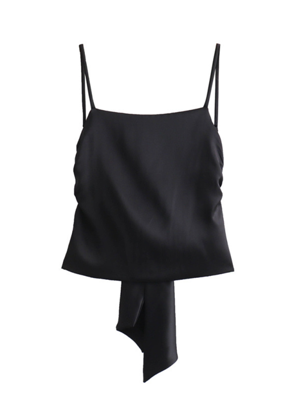 New women’s fashion versatile bow-decorated satin top - Black / XS